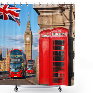 Personality  London Symbols With BIG BEN, DOUBLE DECKER BUS And Red PHONE BOOTHS In England, UK Shower Curtains