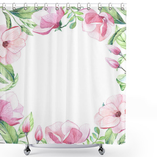 Personality  Watercolor Floral Arrangement Of Big Magnolia Flowers, Buds Tropical Leaves, Colorful Pink Green Color, Exotic Wedding Occasion Design, Ornament Vertical Frame  Shower Curtains