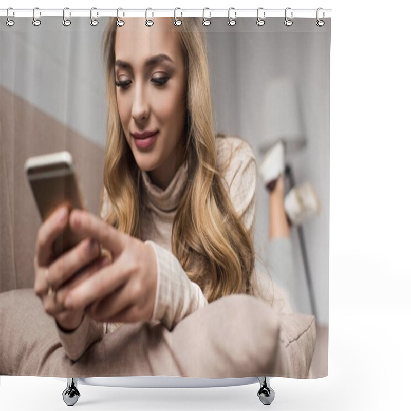 Personality  Attractive Young Woman Using Smartphone While Lying On Couch At Home Shower Curtains