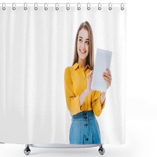 Personality  Smiling Attractive Girl Using Digital Tablet Isolated On White Shower Curtains