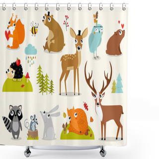 Personality  Print. Vector Forest Animals Collection Including Deer, Bear, Squirrel, Fox, Hedgehog, Fawn, Hare, Raccoon, Mouse, Owl, Bee. Autumn Forest. Cartoon Animals. Cartoon Characters. Shower Curtains
