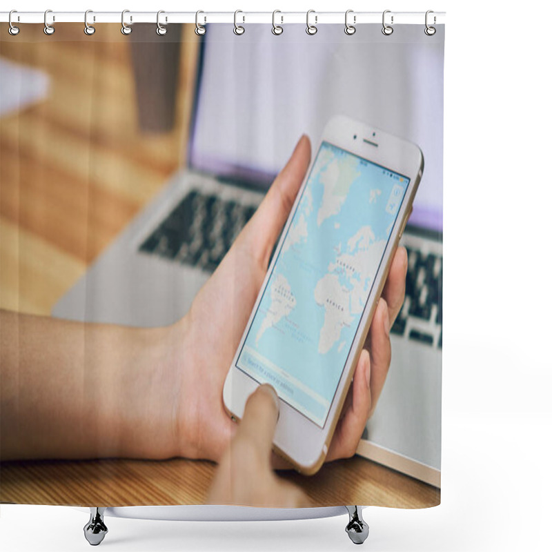 Personality  Bangkok, Thailand - August 23, 2017 :  Women hold phone with show screen Google Maps is web mapping service application and technology provided by Google shower curtains