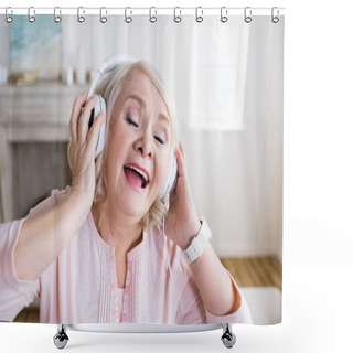 Personality  Senior Woman In Headphones Shower Curtains