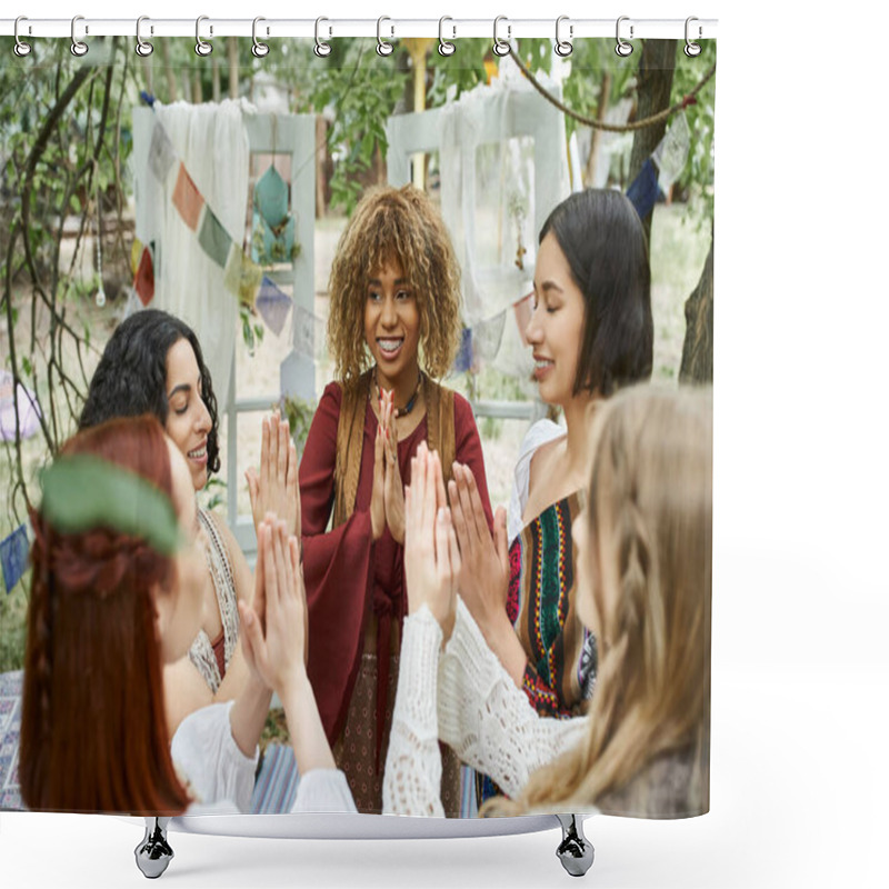 Personality  Positive Multiethnic Women Meditating And Praying Outdoors In Retreat Center Shower Curtains