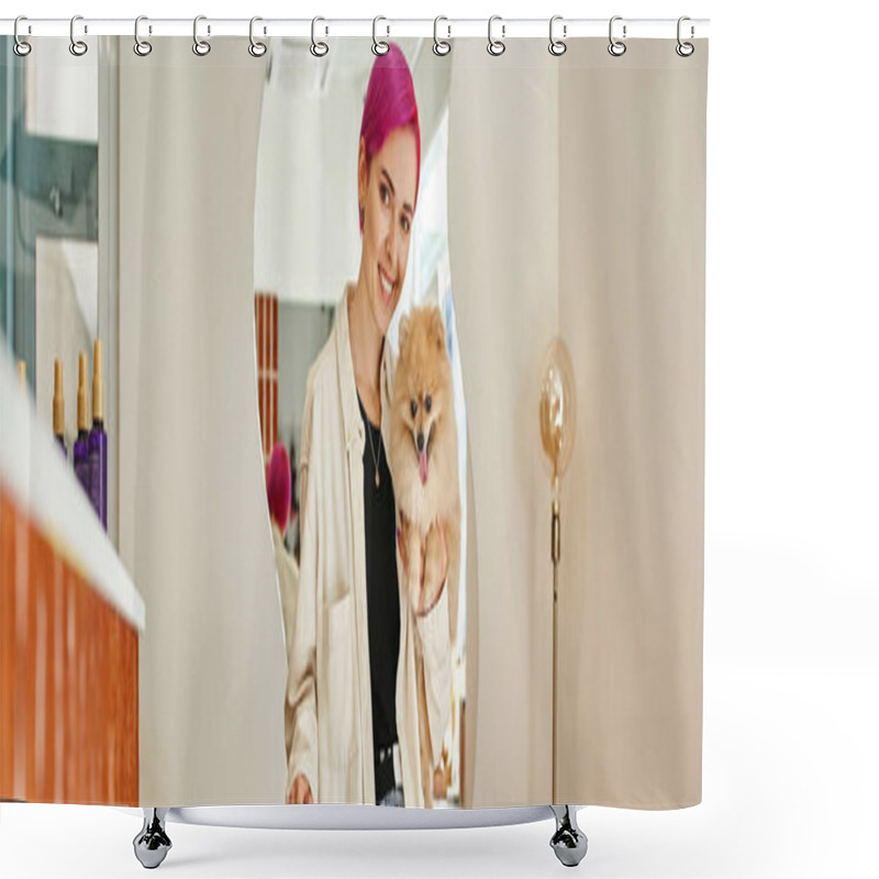 Personality  Stylish Woman With Pomeranian Spitz Smiling At Camera Near Reception Desk In Dog Hotel, Banner Shower Curtains