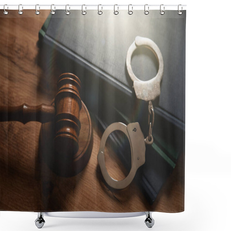 Personality  Wooden Gavel And Handcuffs, Law And Crime Concept Shower Curtains