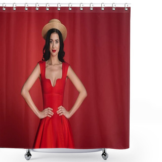 Personality  Attractive Girl In Red Dress Posing Isolated On Red Shower Curtains