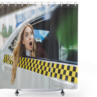 Personality  Selective Focus Of Shocked Girl Looking Away Through Taxi Window  Shower Curtains