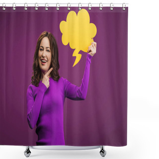 Personality  Cheerful Woman Pointing With Finger At Thought Bubble On Purple Background Shower Curtains