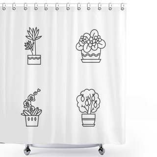Personality  Decorative Indoor Plants Pixel Perfect Linear Icons Set. Houseplants. Orchid, Yucca. African Violet. Customizable Thin Line Contour Symbols. Isolated Vector Outline Illustrations. Editable Stroke Shower Curtains