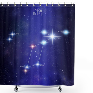 Personality  Lyra The Lyre Constellation On A Starry Space Background With The Names Of Its Main Stars. Relative Sizes And Different Color Shades Based On The Spectral Star Type. Shower Curtains