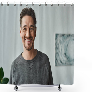 Personality  Portrait Of Cheerful Bearded Man In Grey Jumper Looking At Camera On Bedroom, Satisfaction Shower Curtains
