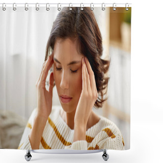 Personality  Unhappy Woman Suffering From Head Ache At Home Shower Curtains