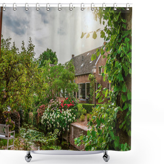 Personality  Canal Next To Rustic House And Lush Flowery Garden In Drimmelen Shower Curtains