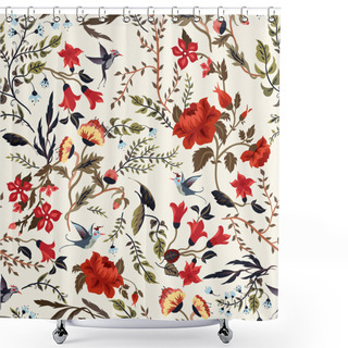 Personality  Seamless Floral Pattern With Birds Shower Curtains