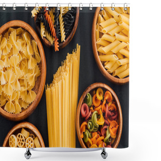 Personality  Top View Of Assorted Colorful Italian Pasta In Wooden Bowls On Black Background Shower Curtains