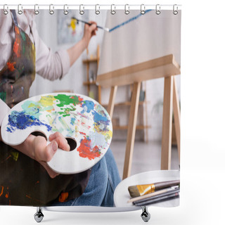 Personality  Cropped View Of Mature Woman Holding Palette And Paintbrush And Painting On Canvas Shower Curtains