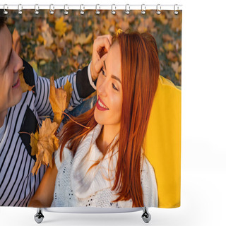 Personality  Young Couple In Love. Lovers Man And Woman In The Park In Autumn, Tenderness, Hugs And Kisses, Happy Couple. Shower Curtains
