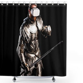 Personality  Knight With Virtual Reality Headset In Armor Holding Sword And Fighting Isolated On Black  Shower Curtains