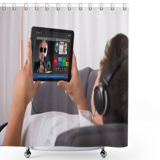 Personality  Man Watching Movie On Website Through Digital Tablet Shower Curtains