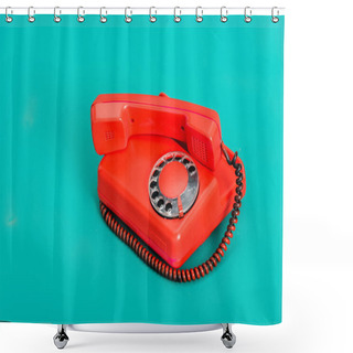 Personality  Bright Red Vintage Landline Phone On Turquoise Background Shower Curtains