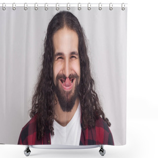 Personality  Funny Crazy Brunette Man With Beard And Black Long Curly Hair In Checkered Red Shirt Looking At Camera And Licking Nose On Grey Background Shower Curtains