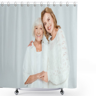 Personality  Attractive Daughter Hugging Smiling Mother And Looking At Camera Isolated On Grey  Shower Curtains