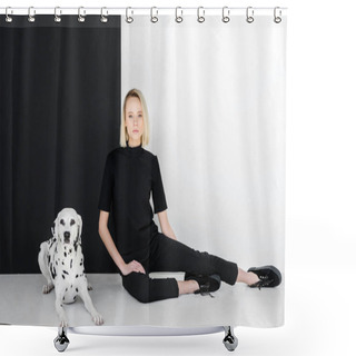 Personality  Attractive Stylish Blonde Woman In Black Clothes Sitting Near Black And White Wall With Dalmatian Dog Shower Curtains