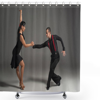 Personality  Stylish Dancers In Black Clothing Looking At Each Other While Dancing Tango On Grey Background Shower Curtains