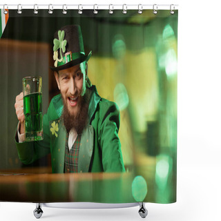 Personality  Dark-haired Bearded Young Man In A Leprechaun Hat With Shamrock Looking Funny Shower Curtains