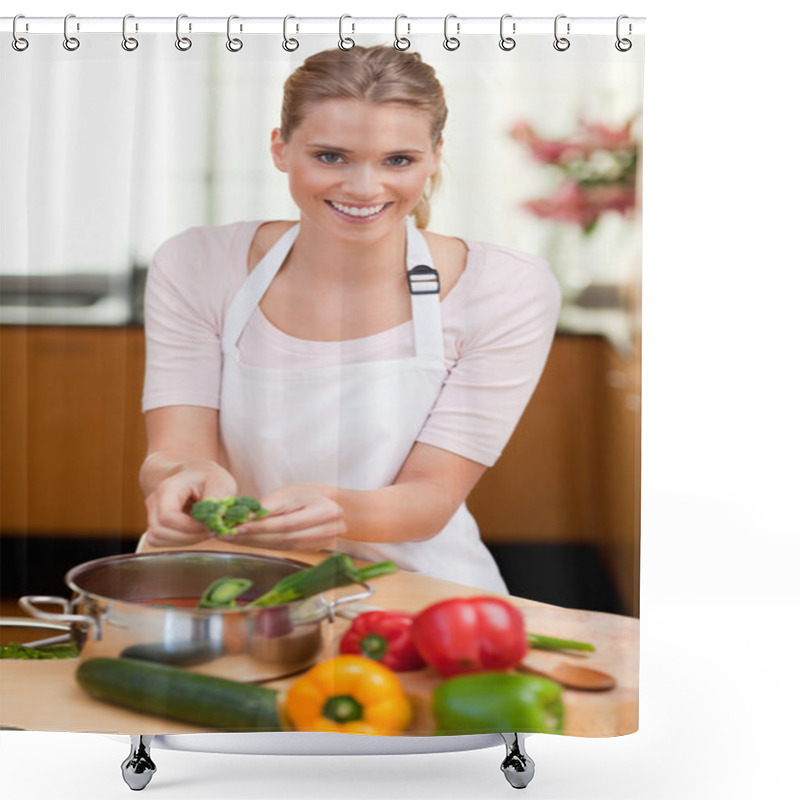 Personality  Portrait of a smiling woman cooking shower curtains