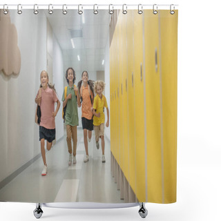 Personality  Happy Schoolchildren Running In The School Corridor After Lessons Shower Curtains