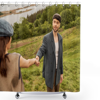 Personality  Smiling Bearded Man In Newsboy Cap And Jacket Holding Hand Of Brunette Girlfriend In Vest While Standing With Nature At Background, Fashionable Couple In Countryside Shower Curtains