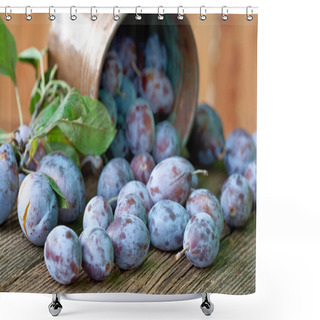 Personality  Plums With Leafs On Wooden Background Shower Curtains