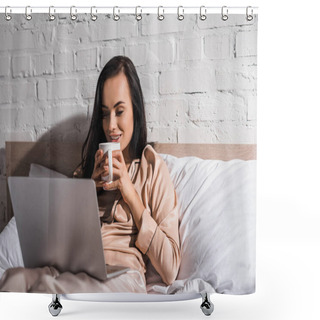 Personality  Young Brunette Woman Sitting In Bed With Mug And Laptop At Morning Shower Curtains