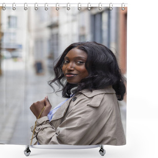Personality  This Intimate Portrait Captures A Young Black Woman Offering A Gentle Smile As She Glances Over Her Shoulder. Set Against The Blurred Backdrop Of A European City Street, The Focus Is On Her Radiant Shower Curtains