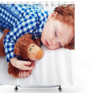 Personality  Adorable Redhead Toddler Baby Sleeping With Plush Toy In Flannel Pajamas Shower Curtains