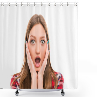 Personality  Portrait Of Surprised Girl With Raised Eyebrows Shower Curtains