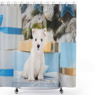 Personality  West Highland White Terrier Puppy On A Bed. Christmas Scenery And Interior Shower Curtains