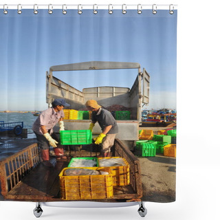 Personality  Lagi, Vietnam - February 26, 2012: Workers Are Loading Forage Fish Onto The Truck To The Feed Mill In Lagi Seaport Shower Curtains