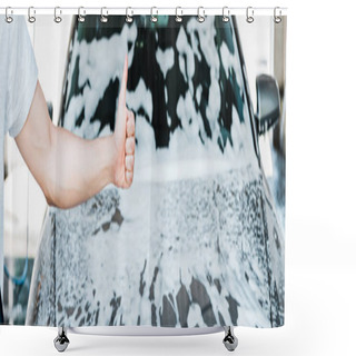 Personality  Panoramic Shot Of Car Cleaner Showing Thumb Up Near Car With Foam  Shower Curtains