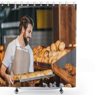 Personality  Smiling Male Shop Assistant Arranging Fresh Pastry In Supermarket Shower Curtains