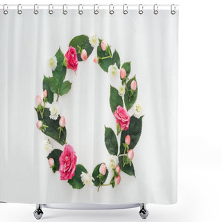 Personality  Top View Of Circular Composition With Green Leaves And Flowers Isolated On White Shower Curtains