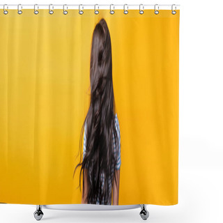 Personality  Back View Of Wind Blowing Through Brunette Hair Of Woman With Curls Isolated On Yellow, Panoramic Shot Shower Curtains