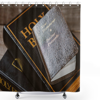 Personality  Close-up Shot Of Stacked Holy Bibles With New Testament Book On Wooden Tabletop Shower Curtains