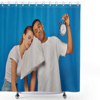 Personality  Interracial Couple Sleeping On Pillow Near Vintage Alarm Clock On Blue Backdrop, Early Morning Shower Curtains