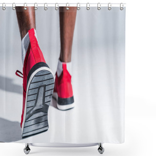 Personality  Selective Focus Of African American Sportsman In Sneakers On Grey Shower Curtains