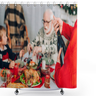 Personality  Selective Focus Of Man Opening Champagne Bottle Near Family And Festive Table  Shower Curtains