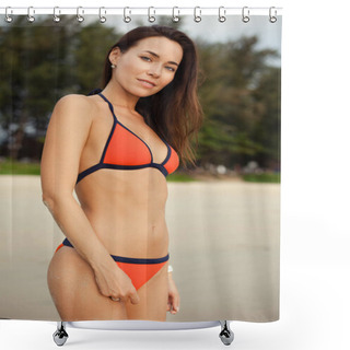 Personality  Attractive Slim Young Woman In Red Bikini On Tropical Beach Shower Curtains
