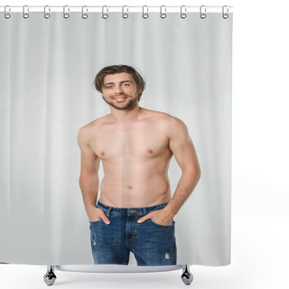 Personality  Portrait Of Happy Shirtless Man In Jeans Isolated On Grey Shower Curtains